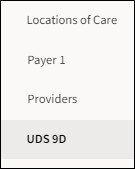 Reporting Group menu list showing locations of care, payer 1, providers, and UDS 9D.